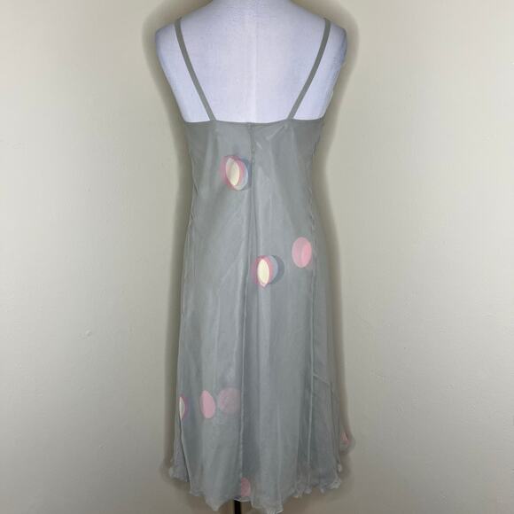 Y2K Banana Republic 100% Silk Dress 2 Gray Lettuce Hem Knee Length Polka Dot VTG - Picture 3 of 11